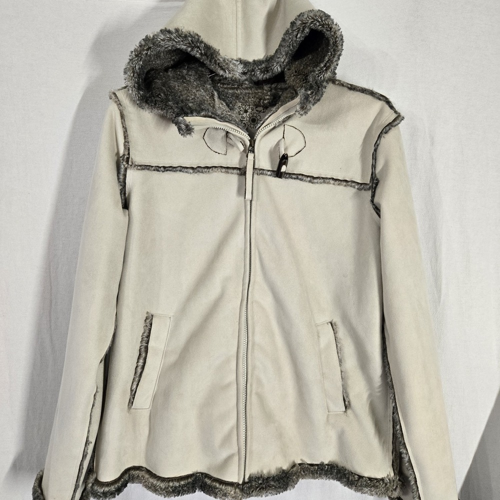 Lole Faux Fur Suede Coat Large Cream Zipper Pockets Full Zip Ultra Soft Boho - Picture 2 of 8